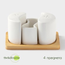 Ceramic set for spices on a wooden stand Bellatenero, 3 items: a solo 70 ml, a pitch 70 ml, a napkin, white color