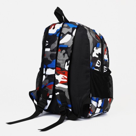 School backpack from textiles 2 of the lightning department, external pocket, gray/blue color-3