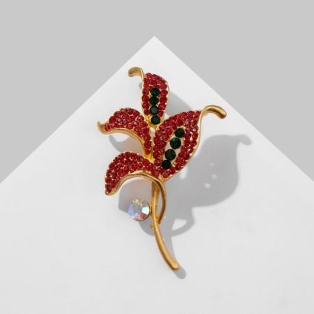 Brooch "Leaves", red color in matte gold-2