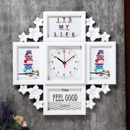 Photo frame plastic in 4 photos 10x15 cm with clocks "Flower" white 42x42 cm