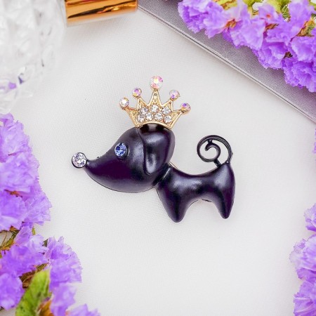 Brooch "Dog" with a crown, black color in gold-1
