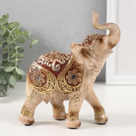Polystone souvenir "Elephant, flowers and patterns on the blanket" Gold and Bezh 14x6x16 cm-3