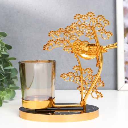 Summary metal, glass for 1 candle "Bird on a tree" D-5 cm, gold 8x15x17.5 cm-4
