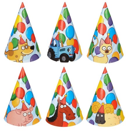 Set of paper caps, 6 people "Happy Birthday", blue tractor-2