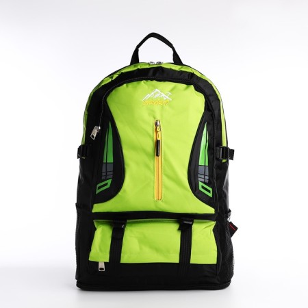 A backpack on a zipper with an increase, 65l, 4 external pockets, green color