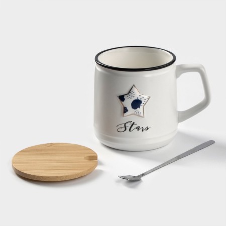 Ceramic mug with a lid and spoon "Star", 350 ml, white color-2