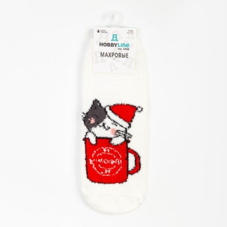 Women's socks "cat in a mug", white color, size 36-40-4