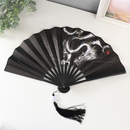 Fan plastic, textile h = 27 cm "Chinese dragon" black, with a brush