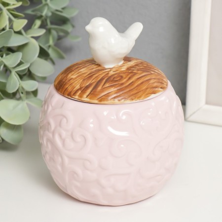 Casket Coramics Round "White Bird" Pink 9x9x12.5 cm-3