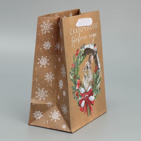 Craft vertical “Hare and Wreath” package, MS 18 x 23 x 10 cm, New Year-2