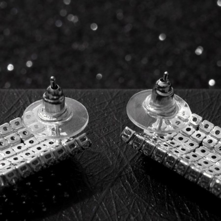 Hanging earrings with rhinestones "Waterfall" mini square, white color in silver, 14 cm-2