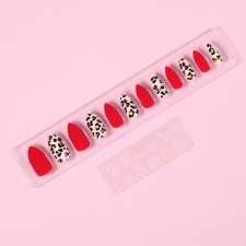 Leo patch nails, 12 pcs, with glue plates, almonds, red, beige