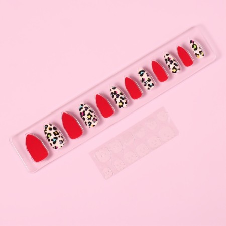 Leo patch nails, 12 pcs, with glue plates, almonds, red, beige