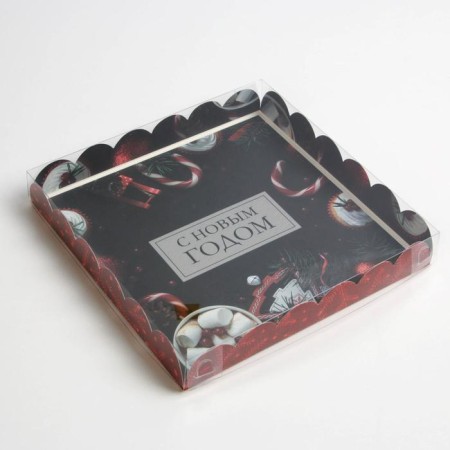 Box for confectionery with PVC lid "Red", 21 x 21x 3 cm, New Year-1