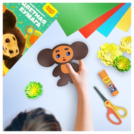 Color paper A4, 16 colors, 64 sheets (32 sheets coated + 32 sheets offset), multi-panel "Cheburashka", on a gluing-5