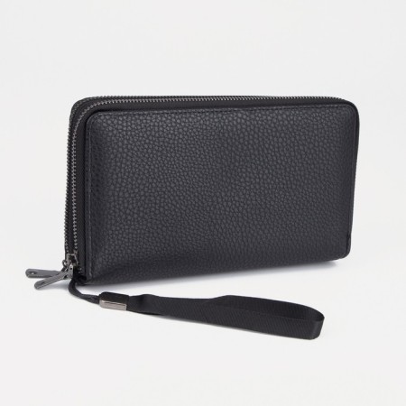 Male purse with zipper, department for bills, for maps, for coins, black color