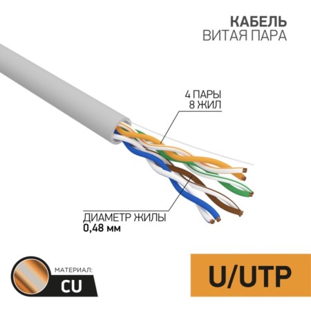 Bay cable twisted pair U/UTP, CAT 5E, PVC, 4PR, 24AWG, Indoor, Solid, Gray, 100m Proconnect