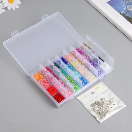 Glass 8/0 (3 mm) in the box "Bright" 28 colors x 10 g + decor 17.5x10.5x2.4 cm