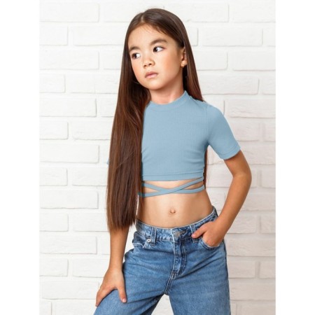 TOP for a girl with short sleeves on Generation ties, height 128 cm, blue color