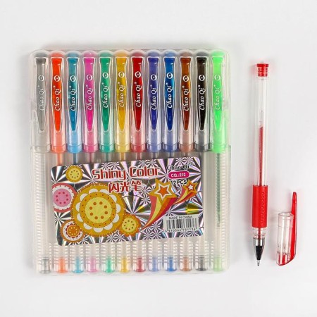 A set of gel pens, 12 colors, with sparkles, with a rubber holder, in a plastic box-7