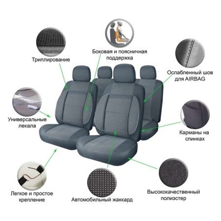 Covers for seats universal "Monro", 11 before., Raun. Comfort, jacquard, dark gray.-1