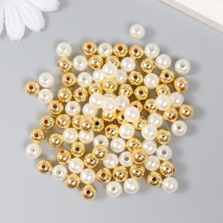 Beads for creativity plastic "white with gold" set 30 g d = 0.8 cm 12x16 cm