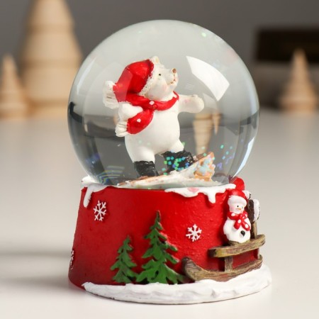 Souvenir Polystone Water Ball "White Bear on Snowboard" 7x8x9 cm-2