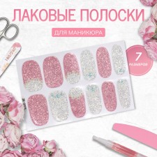 Лаковые полоски для маникюра набор 12шт Цветы с блёстками роз/сереб накл QF