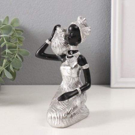 Polystone souvenir "African in a dress with leaves, with a jug, sits" silver 10.5x9x16 cm-3