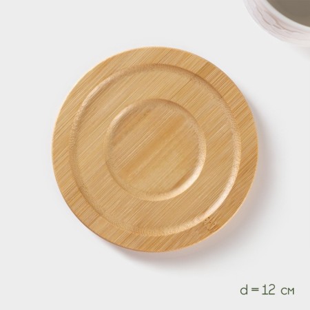 Ceramic tea set on the Bellatenero bamboo stand, 6 objects: 2 cups 350 ml, 2 wooden saucers d = 12 cm, 2 spoons, white color-1