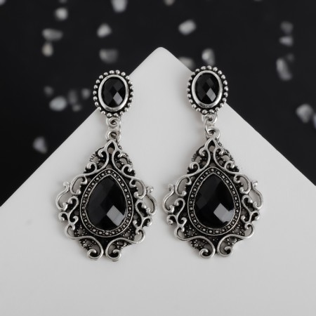 Earrings with rhinestones "Extraordinary" openwork, black color in black silver-1