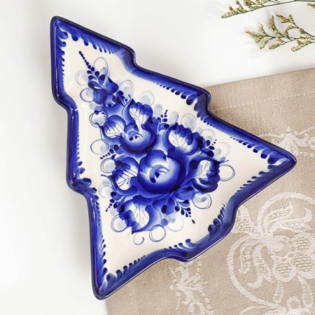 Tray "Christmas tree", author. Karavatskaya, Gzhel, 20x18 cm-1