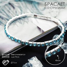 Bracelet with rhinestones “ice” 1 row, blue color in silver, 4 mm, d = 7 cm
