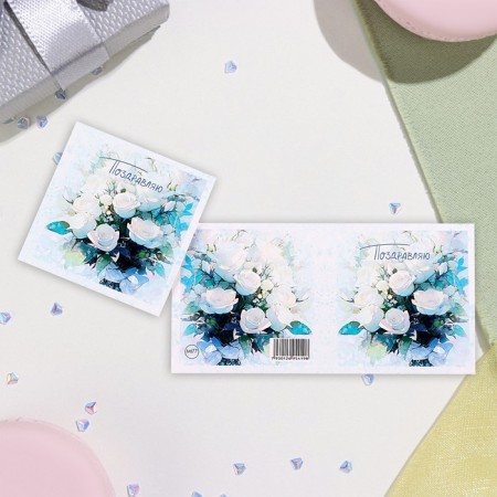 Mini-postcard "Congratulations!" White roses, 7.5x7.5 cm-1