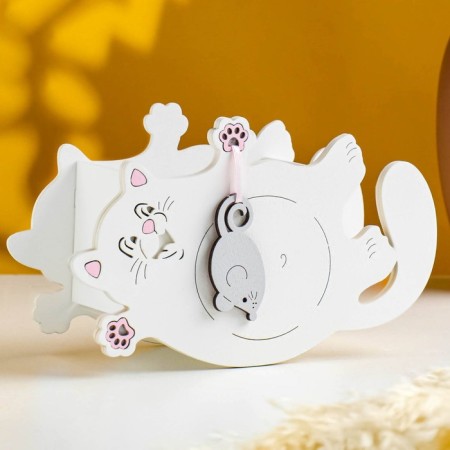 Kashpo wooden "Cat with mouse" Small 19x7.5x12 cm white