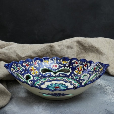 Rishtan ceramics "Flowers", 27 cm, blue, corrugated, oval