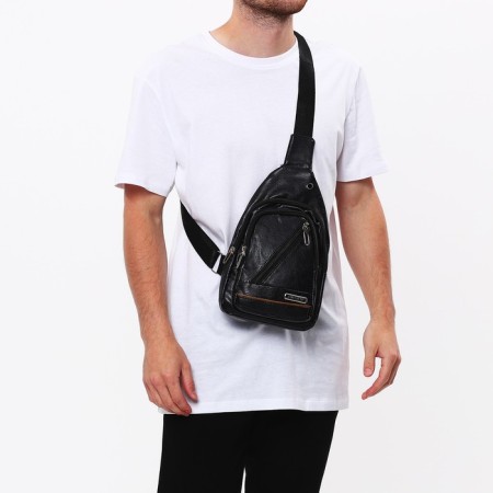 Male sling bag, artificial leather, headphone opening, black color-6