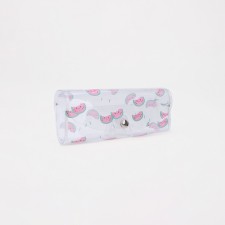A case for glasses on a button, 15 cm × 3 cm × 6 cm, pink/transparent color