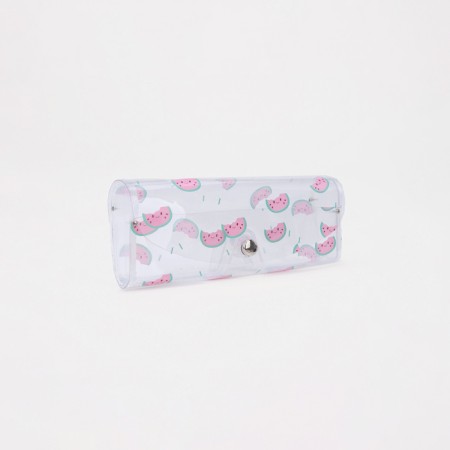 A case for glasses on a button, 15 cm × 3 cm × 6 cm, pink/transparent color