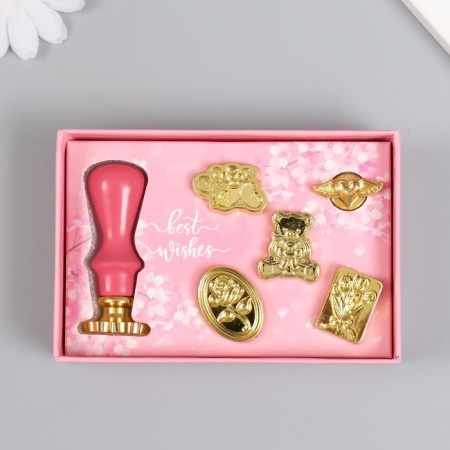 A set of seals for wax with a wooden handle "Flower" 12.8x8.6 cm-1
