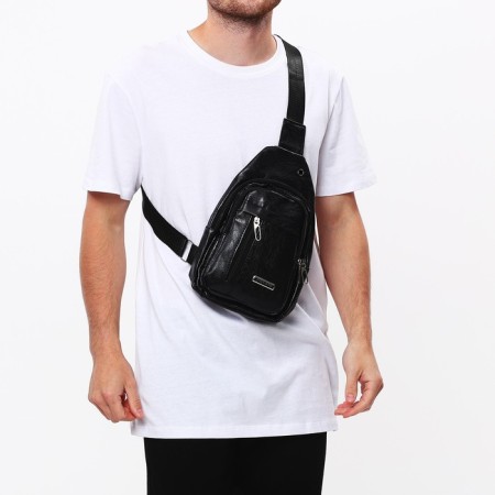 Male sling bag, artificial leather, headphone opening, black color-7