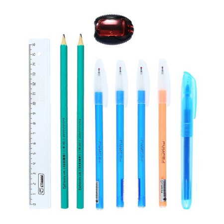 Cleaning set 10 items (penalty tubus 65 x 210 mm, handle 4 pieces blue, ruler 15 cm, sharpener, pencil 2 pieces, textbook), blue-5