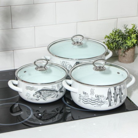 Set of pots "Fish", 3 subjects: 2 l, 3 l, 4 l, glass covers, induction-3