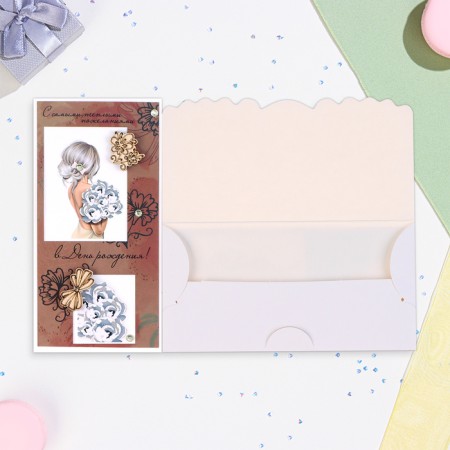 Money envelope "Happy Birthday!" Girl with a bouquet, handmade, 16x8 cm-1