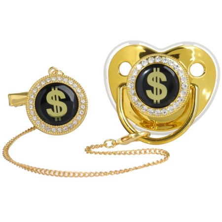 Set: Nipple - Orthodontic dummy with the holder "Dollar", with a cap, from 6 months, gold, rhinestones-6