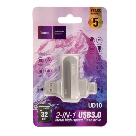 Флешка OTG Hoco UD10 Wise, 32 Гб, USB3.0, USB/Type-C, чт до 120 Мб/с, зап до 30 Мб/с, металл-5