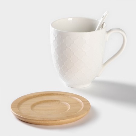 Ceramic tea set on the Bellatenero bamboo stand, 6 objects: 2 cups 350 ml, 2 wooden saucers d = 12 cm, 2 spoons, white color-2