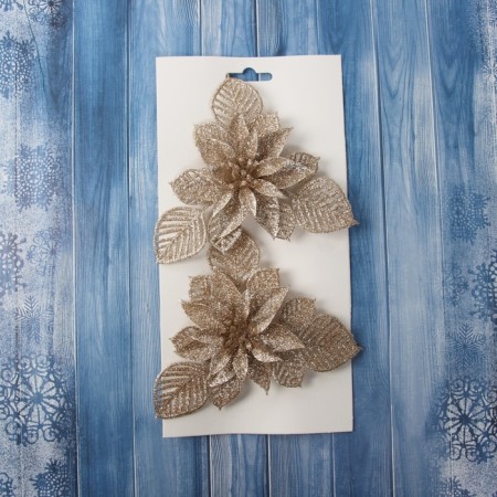 Christmas tree decoration "Flowers with luster leaves" (set 2 pcs) on clamps, 10.5x13 cm, gold-3