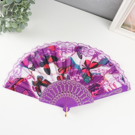 Fan plastic, textile "butterflies in lace" mix 23 cm-1