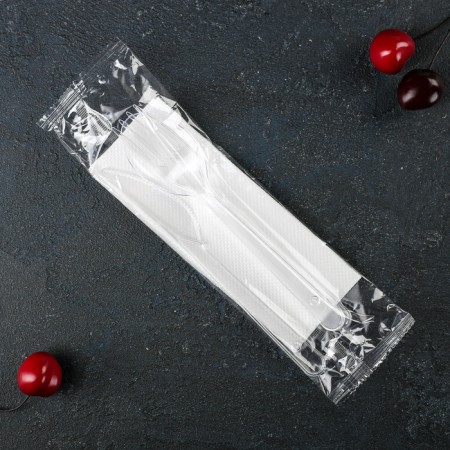 A set of plastic disposable devices "premium", 4 in 1, fork, spoon, knife, napkin white, transparent color-2